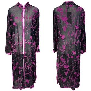 NEW Sheer Mesh Pink Velvet Burnout Asian Mandarin Style Duster Jacket L/XL*